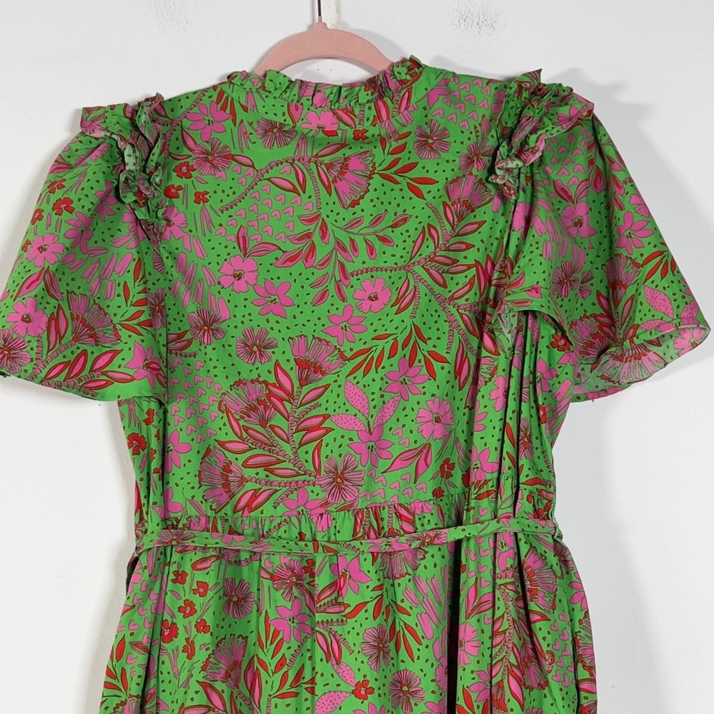 Sugarlips Tiered Midi Dress Sz M Green Pink Floral Ruffle Flutter Sleeve Belted - Picture 7 of 13